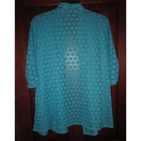 Allison Brittney Plus Sz 1X Open Cardigan Topper Jacket Loose Knit Teal Blue SS - Picture 2 of 3